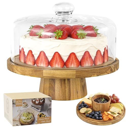 12" Acacia Wood Cake Stand with Glass Lid | Glass Cake Stand with Dome, Cake Holder for Cakes, Cupcakes, 2-In-1 Dessert Table Display & Charcuterie Board for Party - color: Round Footed A