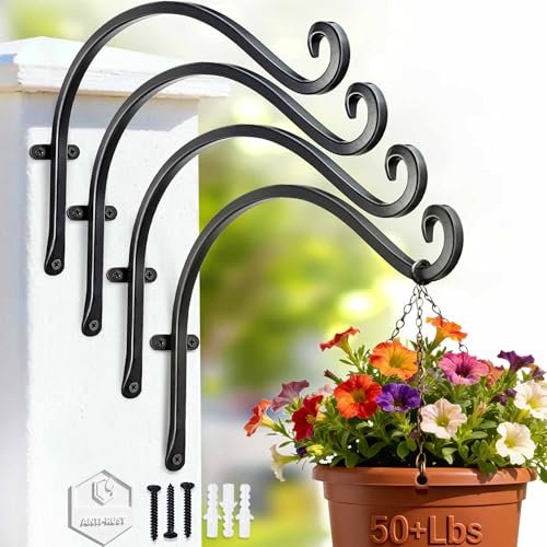 AJART 4 Pack Heavy Duty Plant Hanger: 12 Inch Bracket for Wooden Fence | Set of 4 Solid Iron Hooks, 50 Lbs Capacity for Heavy Bird Feeders, Anti Drop Deep U Hook, Hardware for Brick Walls - size: 12 Inch, style: Plant Hooks