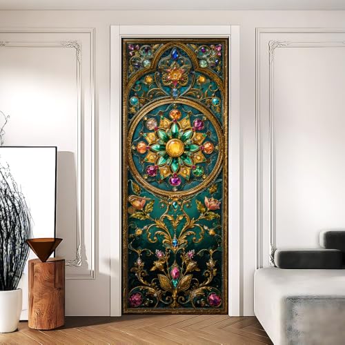 Baroque Door Mural, Teal Gold Jeweled Door Cover, 30.3x78.7in - color: Colorful1066