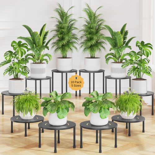 LASZOLA Small Plant Pot Stand Indoor Outdoor Planter, 10-Pack Metal Black | Modern Flower Stools Holder for Large Plants, 10 Inch Corner Round Table Display Rack for Patio Garden Office Home - color: Jet Black