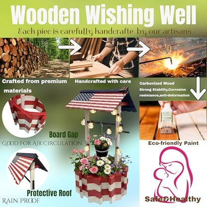 NestNature Large Americana Wooden Wishing Well Planter with Solar Lights - color: Patriotic Color&light, size: 21.75"x21.75"x47.85"