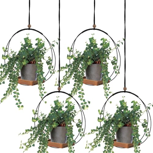 Geelin 4 Pack Plant Hanger with Wood Base Hanging Window Planter Boho Macrame Hanging Potted Plant Holders for Indoor Outdoor Window Wall Ceiling Home Decoration, Pot & Sapling Not Included (Brown) - color: Brown