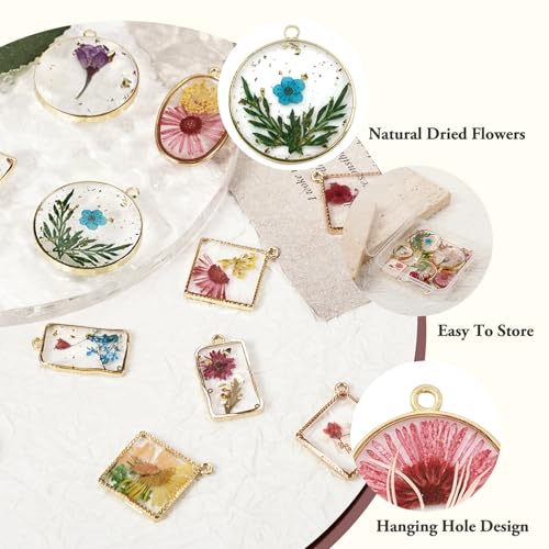 Natural Dried Pressed Flower Charms Geometric Shape Dried Flower Resin Charms Epoxy Resin Floral Pendants for DIY Crafts Necklace Earring Keychain Jewelry Making - color: 12 Style-Flower