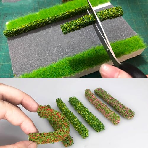 Miniature Long Shrub Strips HO/OO Scale Static Shrub Vegetation Groups Bush Model Groups Bush Static Scenery Model Plants for DIY Diorama Garden Scenery Landscape (H#with Purple Flowers-4Pcs) - style: H#With Purple Flowers-4Pcs