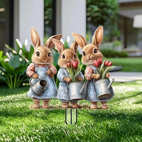 Bunny Garden Stakes Decor Yard Acrylic - 2D Spring Garden Acrylic Sign Decoration, Yard Art, Gift for Nature Lovers, for Indoor & Outdoor Flower Pots, Yard, Mini Gardens & Lawn (5.9”x5.9”) Y15