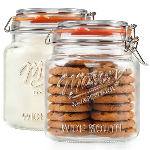 Half Gallon Mason Jar with Hinged Lid, 64 Oz Glass Jar, 2 Pack | Wide Mouth Glass Flour Container for Food Storage, Cookie, Coffee, Pickle, Vintage Mason Jars with 2 Scale Marks - color: 64oz-Round-2 Pack-Hinged Lid