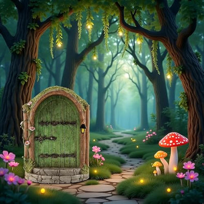 Green Wooden Fairy Door - Miniature Fairy Garden Accessory - Garden Sculpture Lawn Ornament - Art Outdoor Decor Gnome Door Figurine