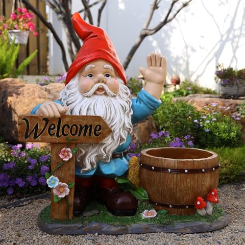 Garden Gnome Planter with Welcome Sign, Resin Flower Pot for Outdoor Patio Lawn Garden Decor, Weather Resistant - color: Animal Mustard