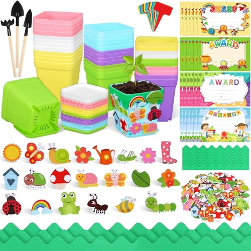 Elcoho 36 Set Garden Plastic Pot Craft Kit Plant Spring Craft Kits for Kids Flower Pots with 150 Foam Stickers 36 Labels 24 Certificate of Awards 3 Tools Planting Growing Kit for Kids, Mixed Colors - color: Mixed Colors