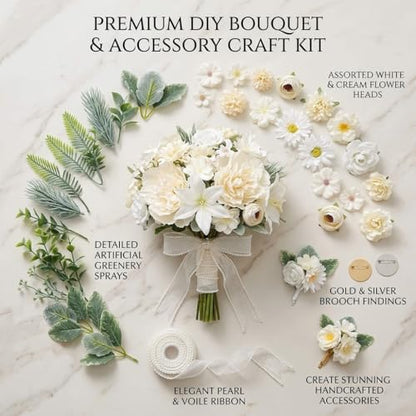 48 White Artificial Flowers, 12 Leaves, 1 Roll White Ribbon 4cm 50Yards, 10 Brooch Pins, DIY Floral Arrangement Set for Wedding Reception, Party, Graduation, Holiday Celebration - color: White