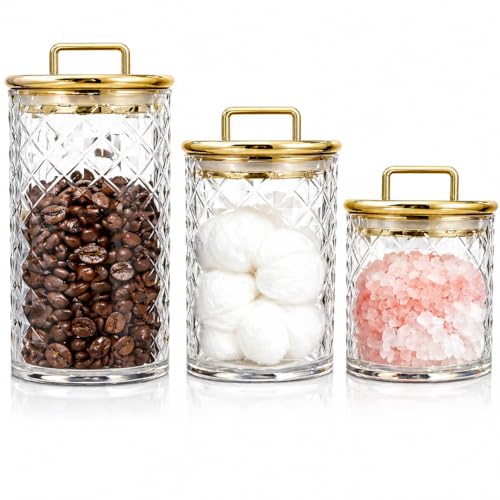 3-Pack Diamond-Cut Acrylic Storage Jars with Gold Lids – Airtight Clear Canisters for Bathroom & Kitchen | Apothecary Jars for Cotton Pads, Qtips, Snacks, Candy & Home Organization - color: golden 01-3pcs