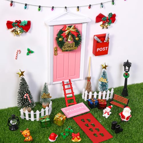 Celltestria 39pcs Pink Christmas Elf Fairy Door Decorations Sets | Miniature Figures Wooden Doors Santa Claus Snowman Kit for Xmas Mini Dollhouse Accessories House Room Wall Decor - color: Pink