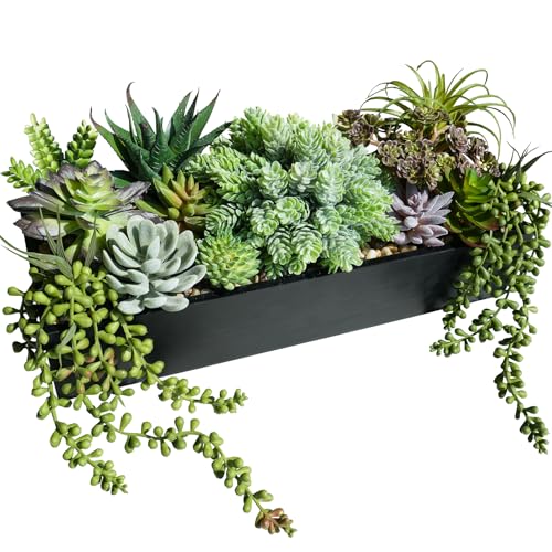 Winlyn 15" Artificial Succulents Arrangement Faux Succulents in Rectangular Black Wooden Planter Box Faux Potted Succulents Plant Garden for Gifts Home Table Centerpiece Mantel Greenery Décor - color: Black