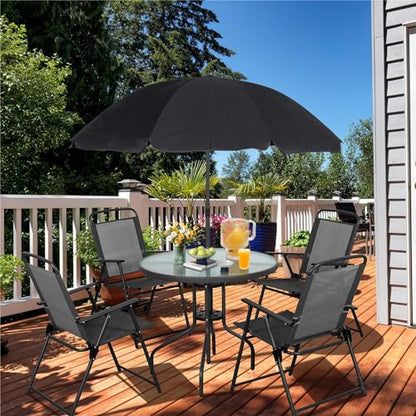 Vongrasig 6 Piece Folding Patio Dining Set,Small Metal Outdoor Garden Patio Table and Chair Set w/Umbrella for Lawn,Deck,Backyard,Black - color: Black