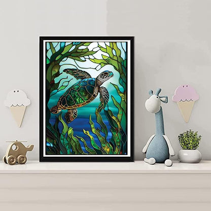KTHOFCY 5D DIY Diamond Painting Kits for Adults Kids, Sea Turtle Stained Glass Full Drill Embroidery Cross Stitch Crystal Rhinestone Paintings Pictures Arts Wall Decor Painting Dots Kits 15.7X11.8 in