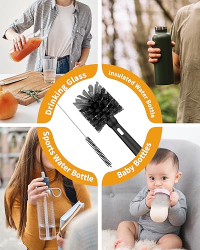 MR.SIGA Water Bottle Brush and Straw Cleaner Brush, Long Handle Bottle Cleaner Brush, 2 in 1 Bottle Cleaning Brush for Sports Bottles, Baby Bottles, Mugs, Straws - color: Black