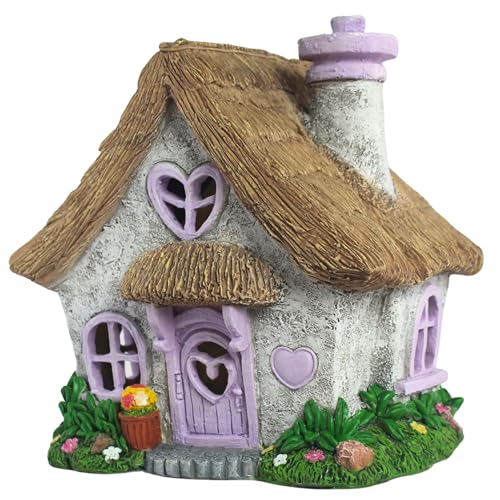 PRETMANNS Solar Fairy House for Outside, Lavender, 7.56" High | Hand-painted resin cottage; built-in LED light charges by day, glows at night; for outdoor use, miniature decor - color: Lavender