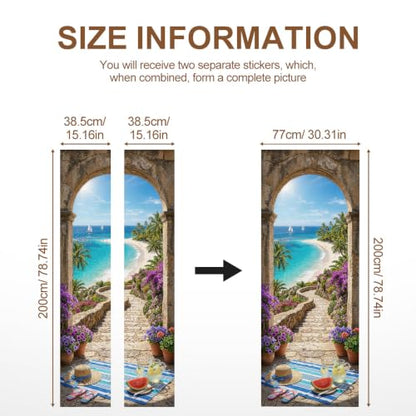 Stone Arch Door Mural, Ocean View Door Cover, 30.3x78.7in - color: Colorful2461