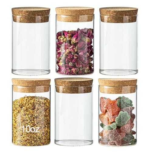 10oz Glass Storage Container - Airtight Glass Jars with Cork Lid, Spice Jars, Candy Jar, Food Storage Jars for Candy, Spices, Coffee, Tea, Nuts (6PCS) - color: 6PCS