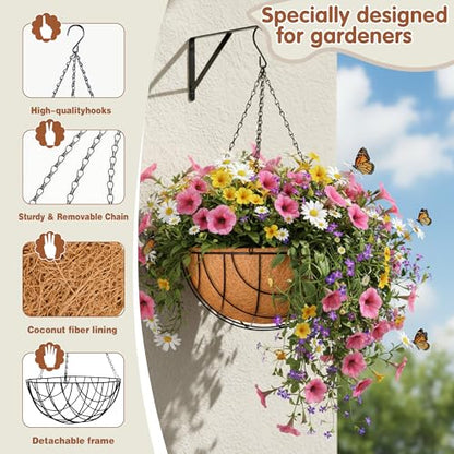 14 inch Metal Hanging Baskets For Plants Outdoor 4 Pack Round Metal Wire Hanging Basket Planter with Coco Fiber Liners Plant Holder for Garden, Patio, Deck, Porch Plants Flower Potss Outdoor(Grid) - size: 14 Inch, style: Grid