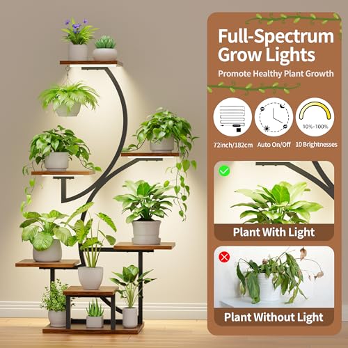BACEKOLL Plant Stand with Grow Lights 7 Tier 44" S-Shaped Plant Shelf Black | 7-tier 44" S-shaped corner plant stand, 6 pot stands + 1 hanging area, full-spectrum grow light, sturdy iron, for living room