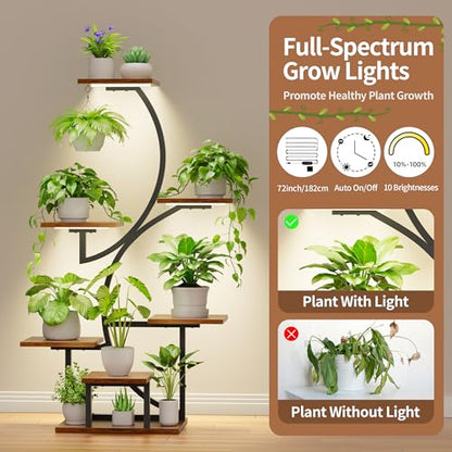 BACEKOLL Plant Stand with Grow Lights 7 Tier 44" S-Shaped Plant Shelf Black | 7-tier 44" S-shaped corner plant stand, 6 pot stands + 1 hanging area, full-spectrum grow light, sturdy iron, for living room
