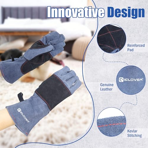 IC ICLOVER Animal Handling Gloves, Snake Bite Proof Gloves, Double Leather - color: M -14inch