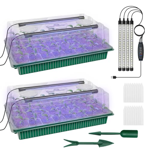 Seed Starter Tray with Grow Light, 2 Pack 80 Cells Seed Starter Kit, Complete System with Humidity Dome, Full Spectrum LED, Dimmable Timer for Indoor Gardening & Seedlings
