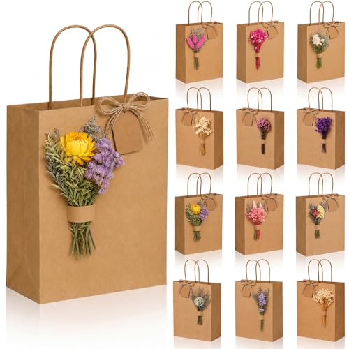 Kolldenn 12 Pack Boho Wedding Favor Bags Set with Dried Flower Bouquets, Kraft Gift Bags, Blank Tags and Twine, Rustic DIY Party Favor Kit for Bridal Shower Baby Shower Bachelorette Birthday