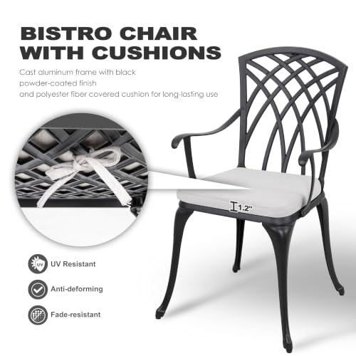 NUU GARDEN 3 Piece Bistro Table Set Cast Aluminum Outdoor Patio Furniture with Umbrella Hole and Grey Cushions for Patio Balcony, Black - color: Gray Cushion
