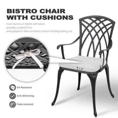 NUU GARDEN 3 Piece Bistro Table Set Cast Aluminum Outdoor Patio Furniture with Umbrella Hole and Grey Cushions for Patio Balcony, Black - color: Gray Cushion