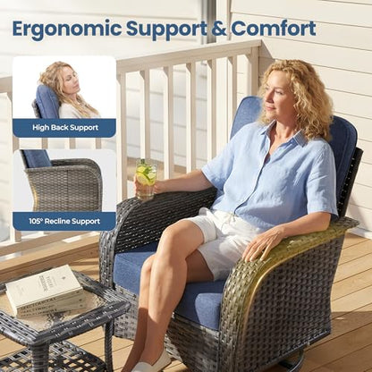 6 Piece Patio Swivel Rocker Chairs Set with Side Table, Denim Blue - color: Denim Blue, size: 3 Pcs Patio Set