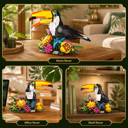 Vziimo Toucan Bird & Flowers Buiding Set, Tropical Animals Model Kit with Movable Beak, Head, Wings, Tail, Creator Animal Gifts for Adults, Teens Age 14+(1068 PCS) - style: Toucan Bird