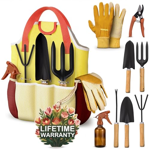 10 Pcs Gardening Tool Set for Women, Rust-Resistant Steel, Tote Bag | Garden Tools Set for Plant Care, Digging, Planting & Potting; Ergonomic Handles, Gloves & Spray Bottle; Gift for Plant Lovers - color: Yellow Set of 10