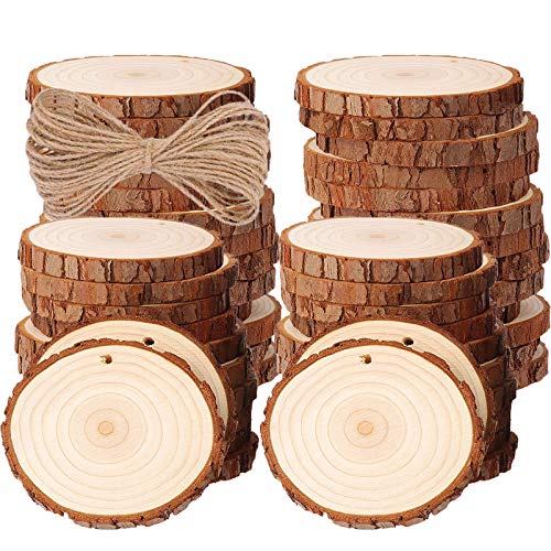 50pcs Wood Slices, BetterJonny 1.6-2 inch Undrilled Wooden Circles Predrilled with Hole Natural Wood Ornaments with 10 Meters Jute Rope for Arts DIY Craft - size: 50 Pcs (1.6-2 inch)