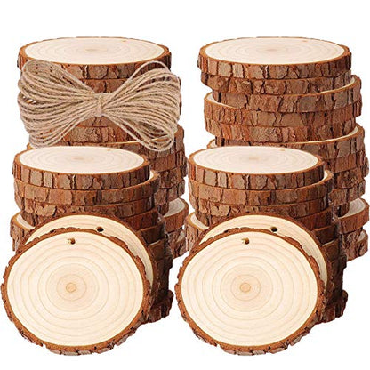 50pcs Wood Slices, BetterJonny 1.6-2 inch Undrilled Wooden Circles Predrilled with Hole Natural Wood Ornaments with 10 Meters Jute Rope for Arts DIY Craft - size: 50 Pcs (1.6-2 inch)