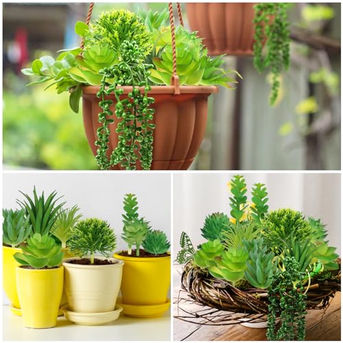QUOZUO Succulents Plants Artificial, 14pcs Green Succulents Plant, Mini Fake Succulents for DIY Crafting Home Garden Office Party