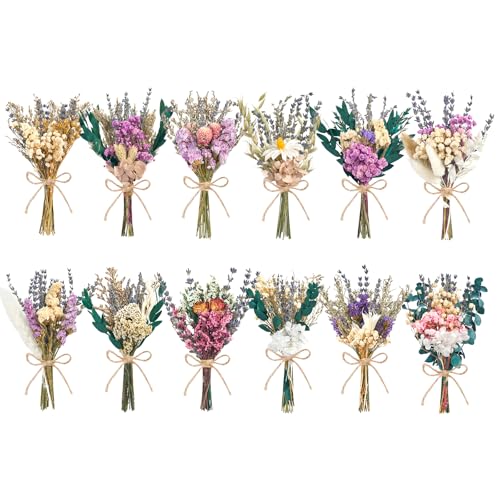 12/24PCS Handmade Dried Flower Bouquet with Stems Natural Dried Wildflowers 7.5 Inch Mini Dry Flowers for Vase Farmhouse Decor, Wedding Styling, Photography Props, Gift DIY(12pcs, Lavender) - color: Lavender Color