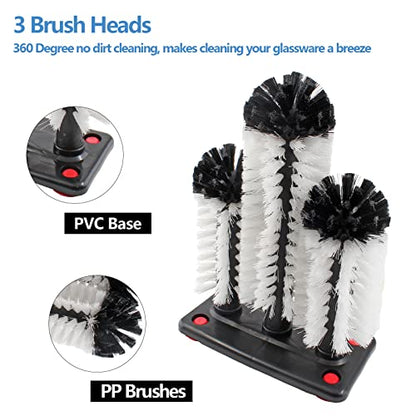 Bonsicoky 3 Brush Bar Glass Washer with Suction Base | Commercial Brush Cleaner, Bristle Brush, For Beer Cup, Long Leg Cup, Red Wine Glass, Kitchen Bar Use - color: 2 Short Brush + 1 Long Brush