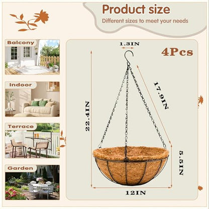 12 inch Metal Hanging Baskets For Plants Outdoor 4 Pack Round Metal Wire Hanging Basket Planter with Coco Fiber Liners Chain Round Wire Plant Holder for Garden, Patio, Deck, Porch Plants Flower Potss - size: 12 Inch, style: Watermelon