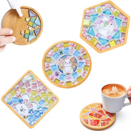 GHAHILI 3 Sets DIY Mosaic Kits for Adults Women Glass Mosaic Tiles for Crafts with Wooden Coasters Mosaic Art Kits Craft Mixed Color Handmade Making Kit Set Decorations for Home Gifts - color: Rabbit -3 Sets