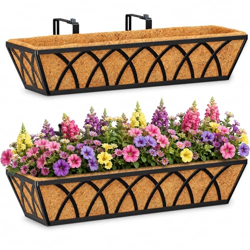HFHOME 24 inch 2 Pack Railing Planter Boxes, Heavy Duty Window Box Planters, Adjustable Balcony Planters for Railing Hanging, with Coco Liner & Support Rod for Deck, Porch, and Patio Gardening - size: 24 Inch 2-Pack X-Pattern