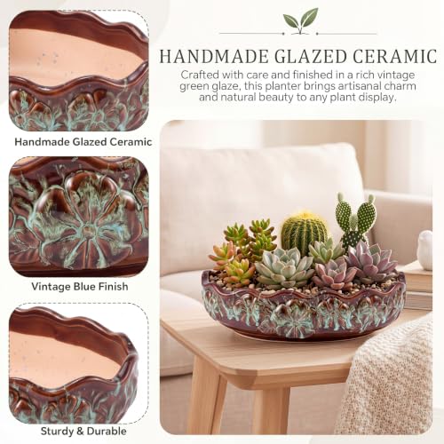 Succulent Planter Pot with Drainage Holes Large Ceramic Glazed Planter with Bamboo Wooden Tray and mesh Pads Shallow Bonsai Pot for Indoor Cactus Flower Plant(Wave-Shaped,Brown Turquoise) - color: Blue and Brown, style: Round