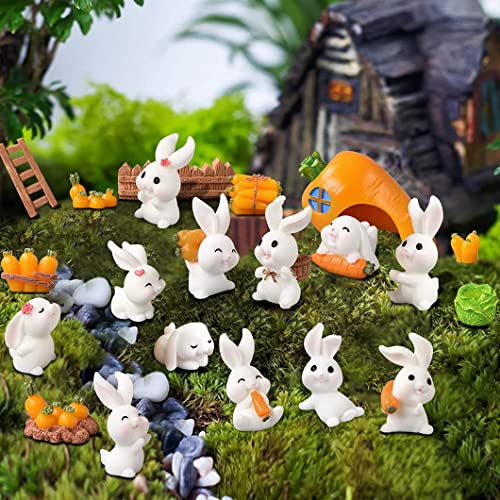 Rolin Roly 21Pcs Rabbit Miniature Figurines Carrot Fairy Garden Mini DIY Ornament Accessories Micro Landscape Decorations Animals Resin Crafts Statues for Home Kitchen Cake - color: 21pcs Mini Bunny Garden Decorations