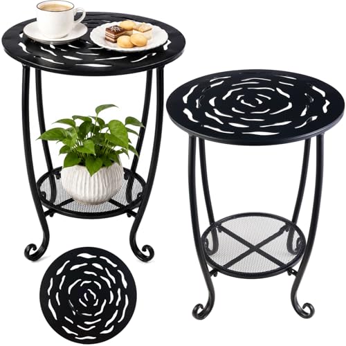 Metal Round Side Table Set of Two Black Accent Coffee Tables Small Space Corner Plant Stand Shelf for Indoor Outdoor Porch Patio Balcony Living Room End Table with Storage - color: Black Floral, size: 17.5"H x 13"D - 2 packs