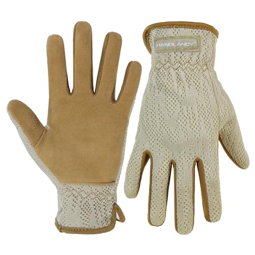 HANDLANDY Gardening Gloves for Women, Leather Garden Glove, Gardener Gift - color: Coffee Khaki, size: Large (Pack of 1)