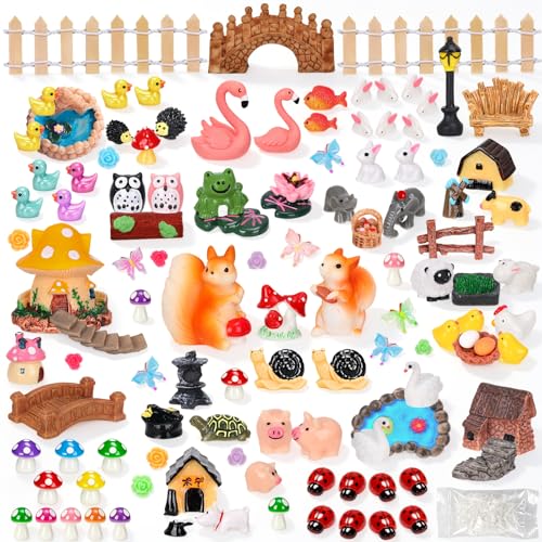 160 Pcs Fairy Garden Accessories Miniature Resin Animals Tiny Fairy House Figurines Fairy Garden Ornament Kit for DIY Crafts Micro Landscape Dollhouse Mini Scene Garden Outdoor Decor