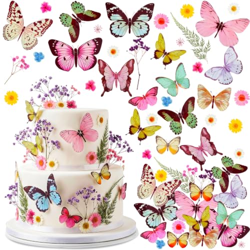 114 Pcs Flower Butterfly Cake Toppers Natural Dried Pressed Edible Wildflower for Cake Decor Butterflies Wedding Cupcake Toppers for Birthday Decoration Resin DIY Art Crafts Jewelry Making