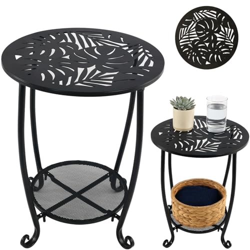 2-Tier Metal Round Side Table Black Accent Coffee Tables Small Space Corner Plant Stand Shelf for Indoor Outdoor Porch Patio Balcony Living Room End Table with Storage, Rust-Proof - color: Black Tropical Monstera, size: 17.5"H x 13"D - 1 pack