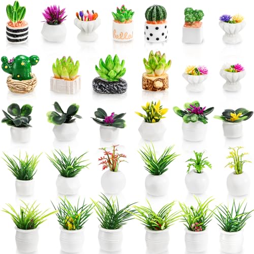 Pumtus 31 PCS Miniature Potted Plants, Vivid Mini Artificial Bonsai Plants, 1:12 Resin Tiny Dollhouse Flowerpot Decor, Realistic Fake Greenery Ornament, Cute Succulent Planter Models for DIY Crafts